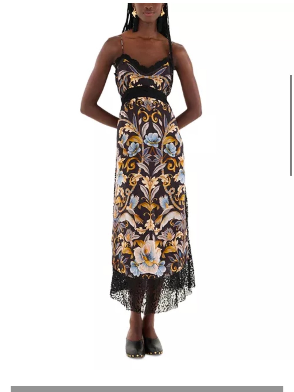 FARM RIO Black Maxi Dress with Blue and Gold Floral Scrolls
